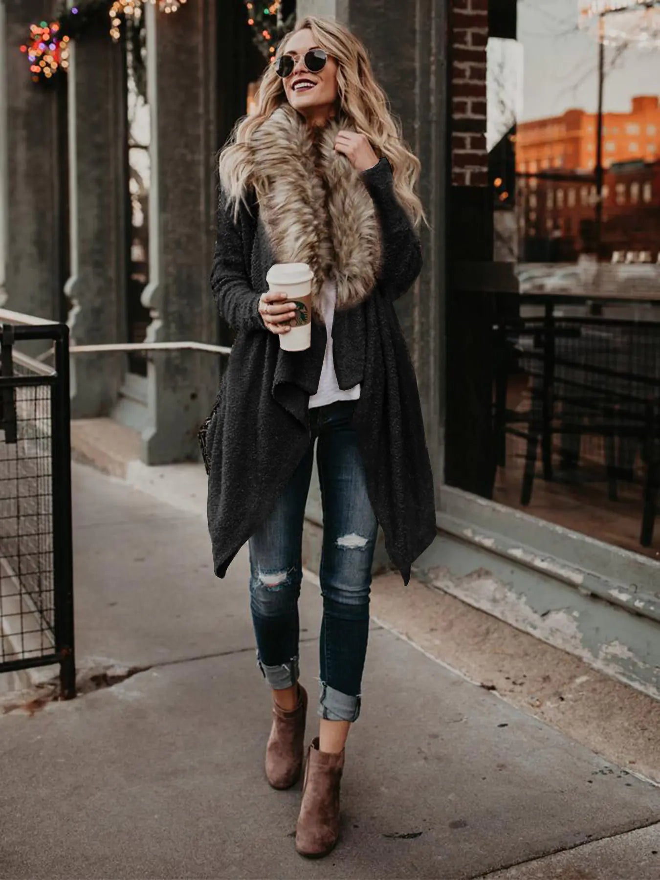 Autumn Spring Plush Coat with Fur Collar Cardigan