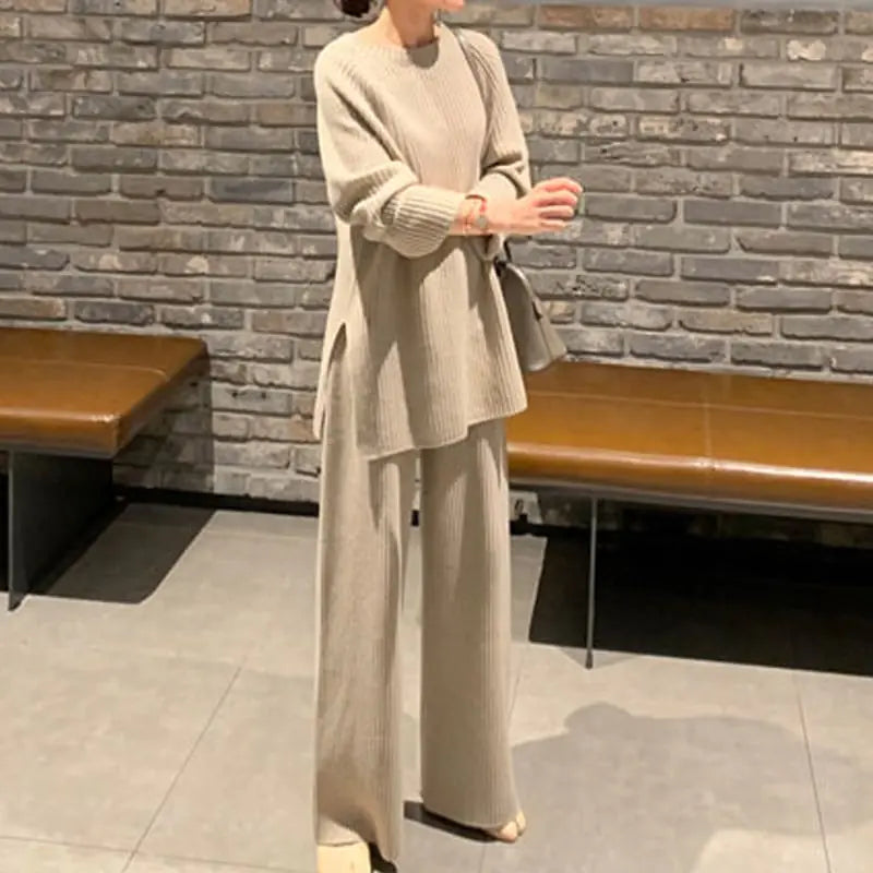 Korean Style Sweater and Wide Leg Pants Set for Women