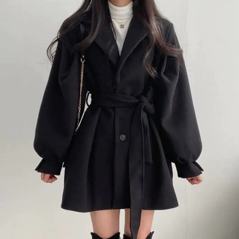 Women's Mid-Length Woolen Wind Coat with Suit Collar