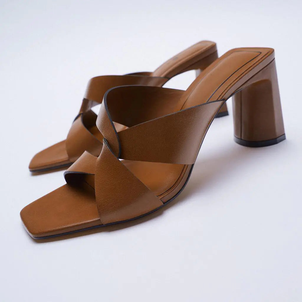 Summer Brown Cow Leather Sandals with Thick Heels
