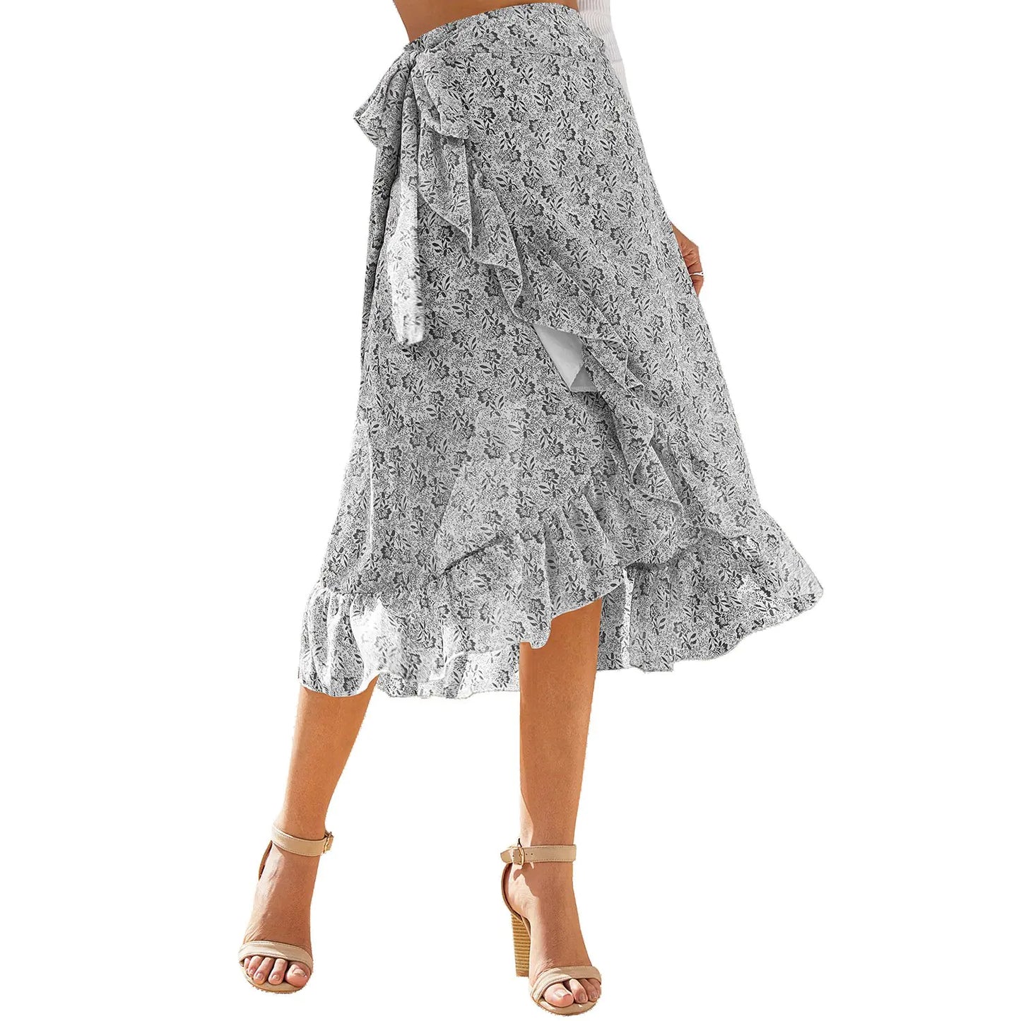 High Waist Floral Ruffle Chiffon A-Line Skirt