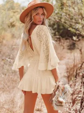 Elegant V-Neck Lace Dress – Sweet Mori Style Women’s Short Sleeve A-Line Dress