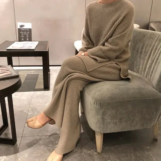 Korean Style Sweater and Wide Leg Pants Set for Women
