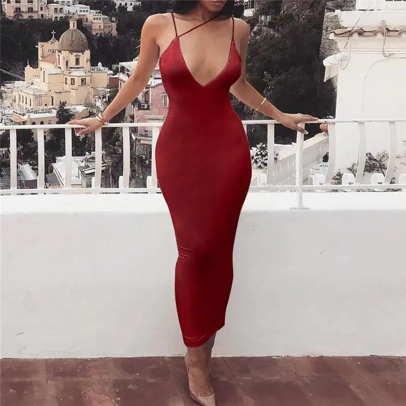 Deep V Neck Bodycon Dress with Cross Straps