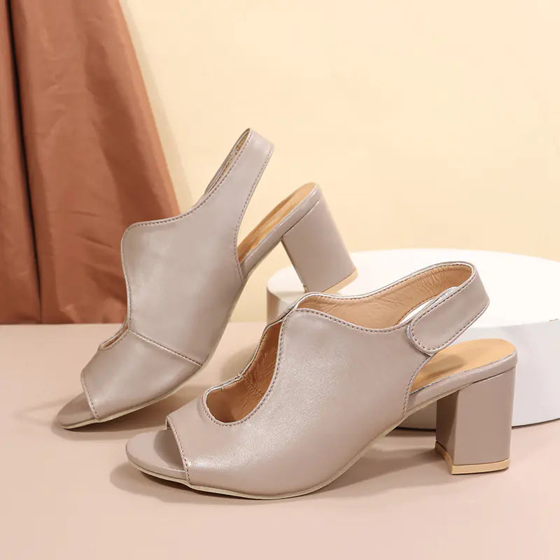 Women's Leather Hollow Out Sandals with Middle Heel