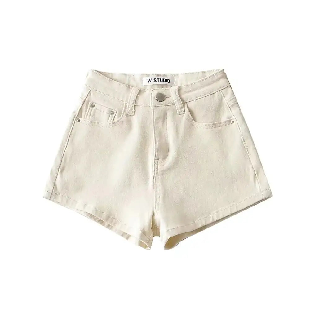 High Waist A-Line Stretch Crimped Denim Shorts