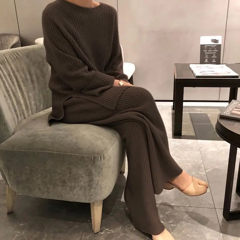 Korean Style Sweater and Wide Leg Pants Set for Women