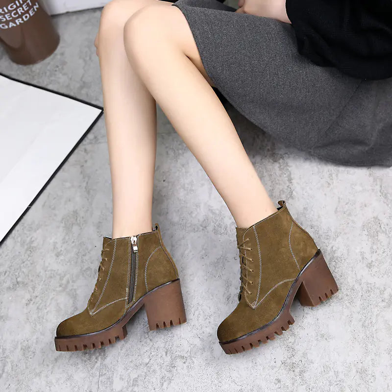 Women's Leather Chunky Heel Short Martin Boots