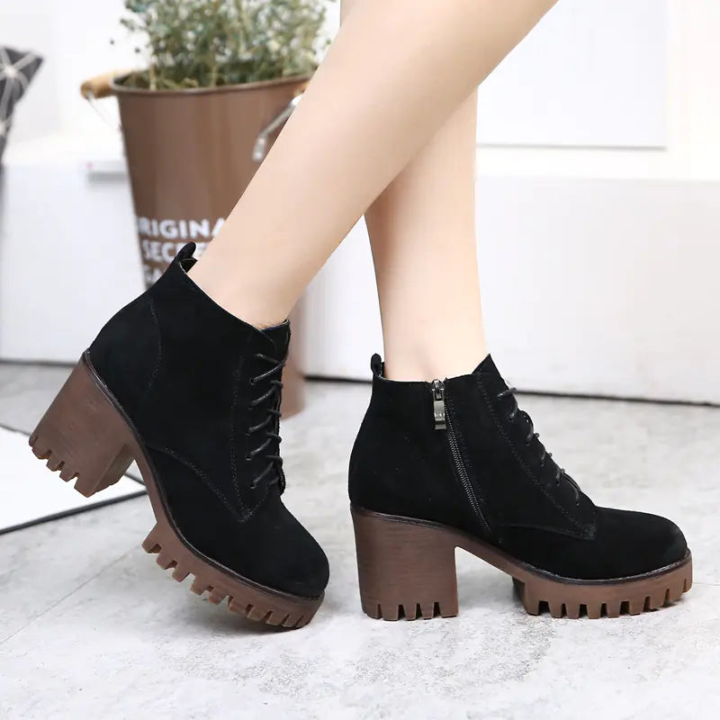 Women's Leather Chunky Heel Short Martin Boots