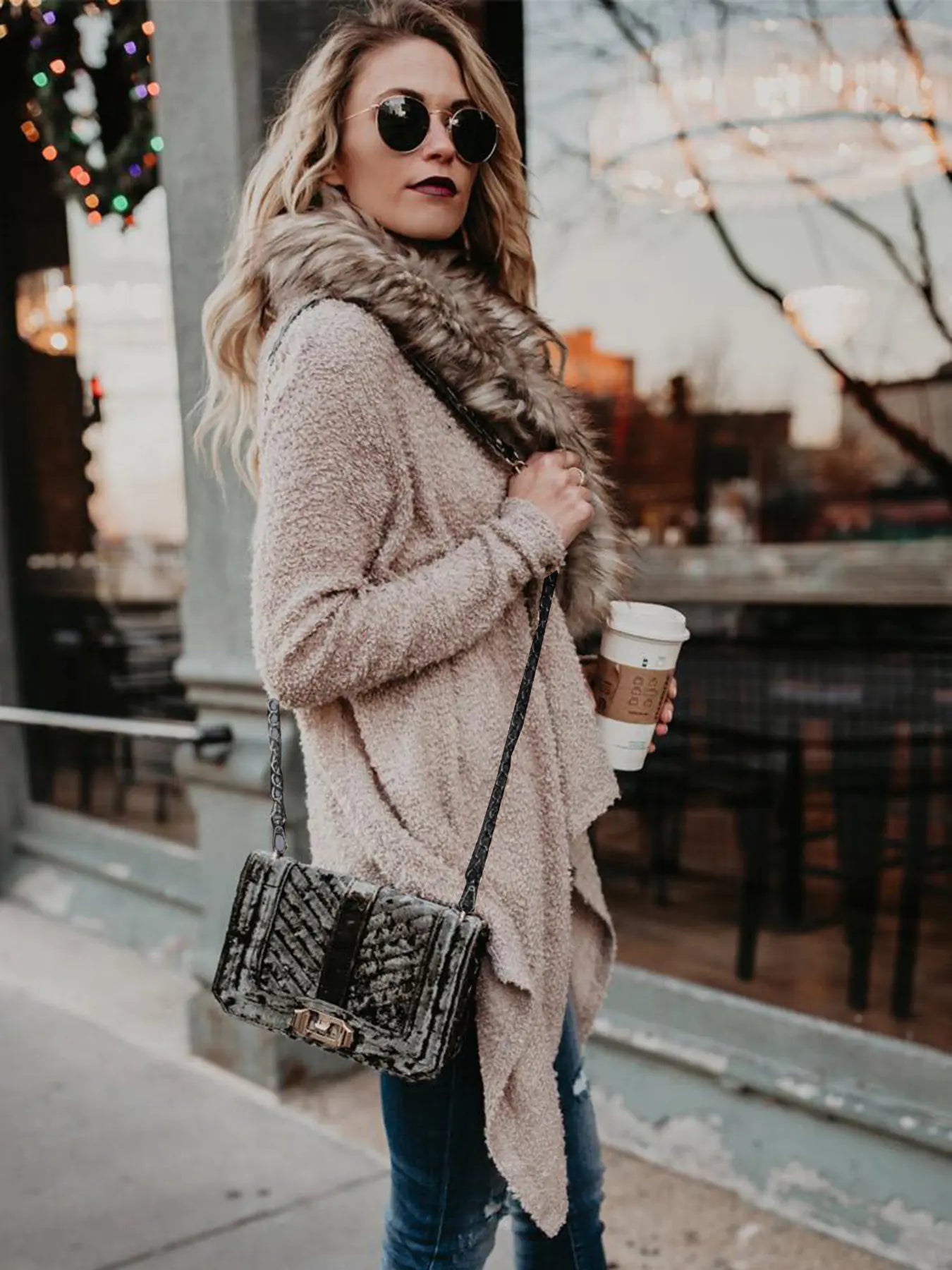 Autumn Spring Plush Coat with Fur Collar Cardigan