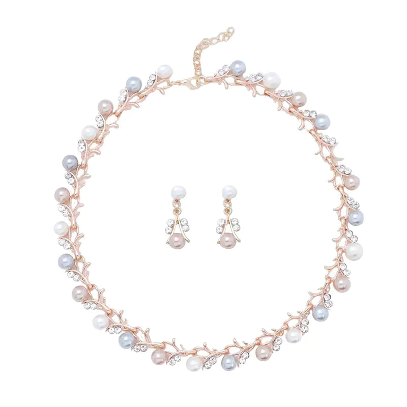 Vintage 3pcs Jewelry Set with Milky Stone Earrings & Necklace