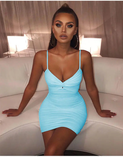 Sexy Ruched Bodycon Mini Dress with Deep V Neck