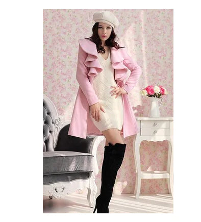 Slim Long Ruffled Woolen Coat for Women in Autumn/Winter