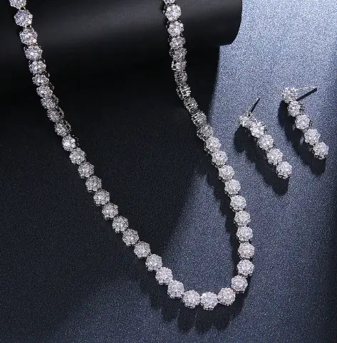 Bride Jewelry Set with Zircon Necklace and Crown Earrings