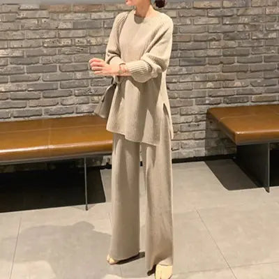Korean Style Sweater and Wide Leg Pants Set for Women