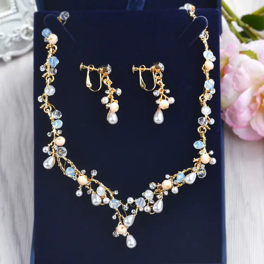 Bridal Jewelry Set with Pearl and Zircon Necklace & Earrings