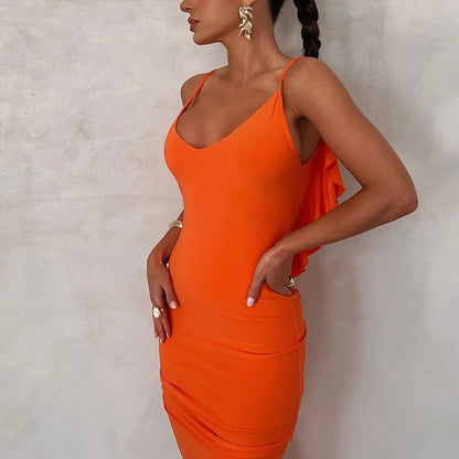 Ruffled Backless Bodycon Dress with V-Neck for Women