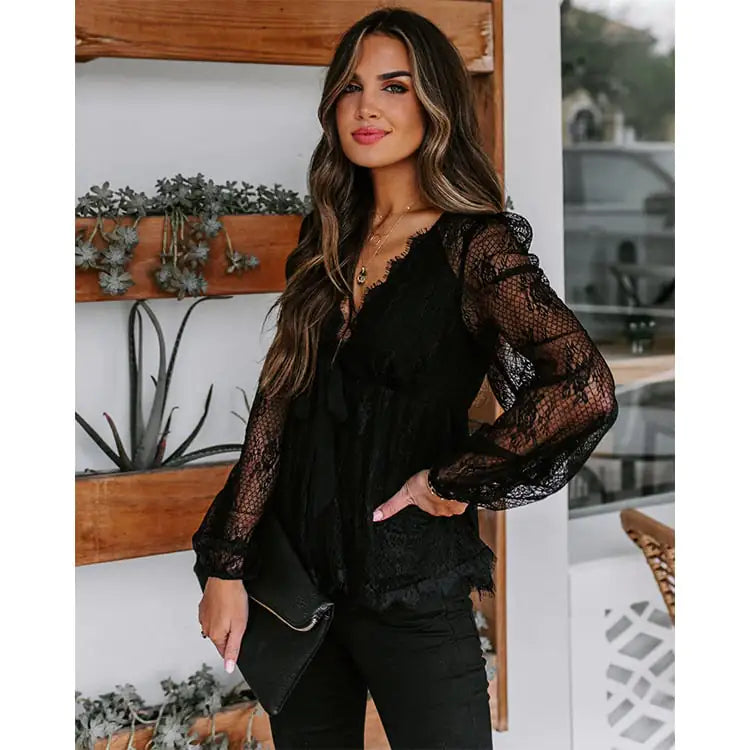 Autumn Winter Lace Top with V-neck and Bow Detail