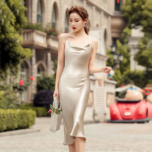 Backless Satin Slip Dress - Vintage French Long Dress