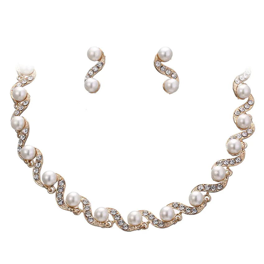 Bridal Jewelry Set: Wave Choker & Faux Pearl Earrings