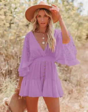 Elegant V-Neck Lace Dress – Sweet Mori Style Women’s Short Sleeve A-Line Dress