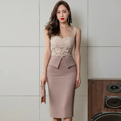 Lace Spliced Bodycon Dress with Spaghetti Straps