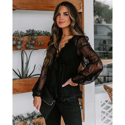 Autumn Winter Lace Top with V-neck and Bow Detail