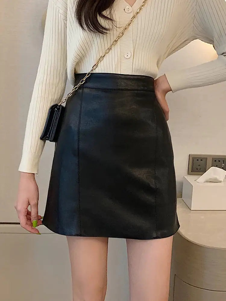 Korean Leather A-line High Waist Skirt - Harajuku Style