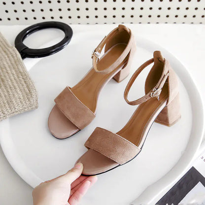 Open-Toe Women's Shoes with Thick Leather Heel