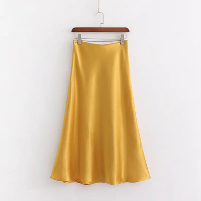 Elegant High Waist White Silk A-line Midiskirt for Women