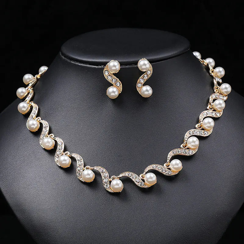 Bridal Jewelry Set: Wave Choker & Faux Pearl Earrings