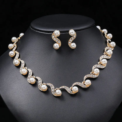 Bridal Jewelry Set: Wave Choker & Faux Pearl Earrings