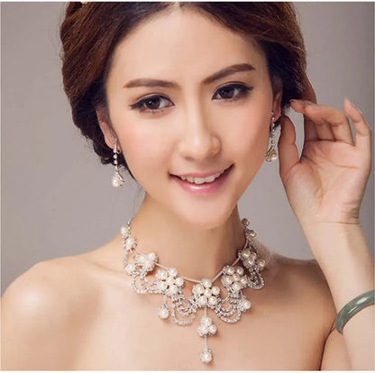 Bridal Jewelry Set with Pearl Necklace and Crown Earrings