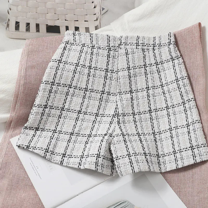 Korean High Waist Tweed Wide Leg Plaid Shorts