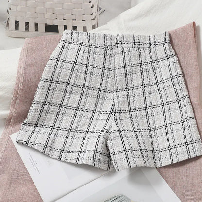 Korean High Waist Tweed Wide Leg Plaid Shorts