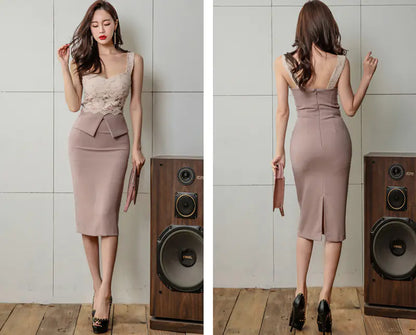 Lace Spliced Bodycon Dress with Spaghetti Straps