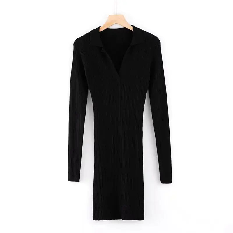 European Autumn Winter Knit Bodycon Dress with Collar