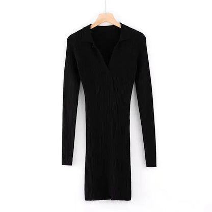 European Autumn Winter Knit Bodycon Dress with Collar