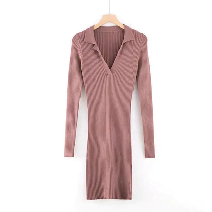 European Autumn Winter Knit Bodycon Dress with Collar