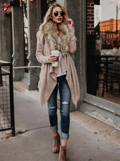 Autumn Spring Plush Coat with Fur Collar Cardigan