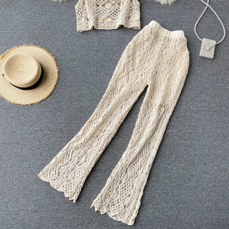 Hollow Lace Wide Leg Knit Pants and Crop Top Set