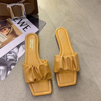 Women's Pleated Patent Leather One-Line Flat Sandals