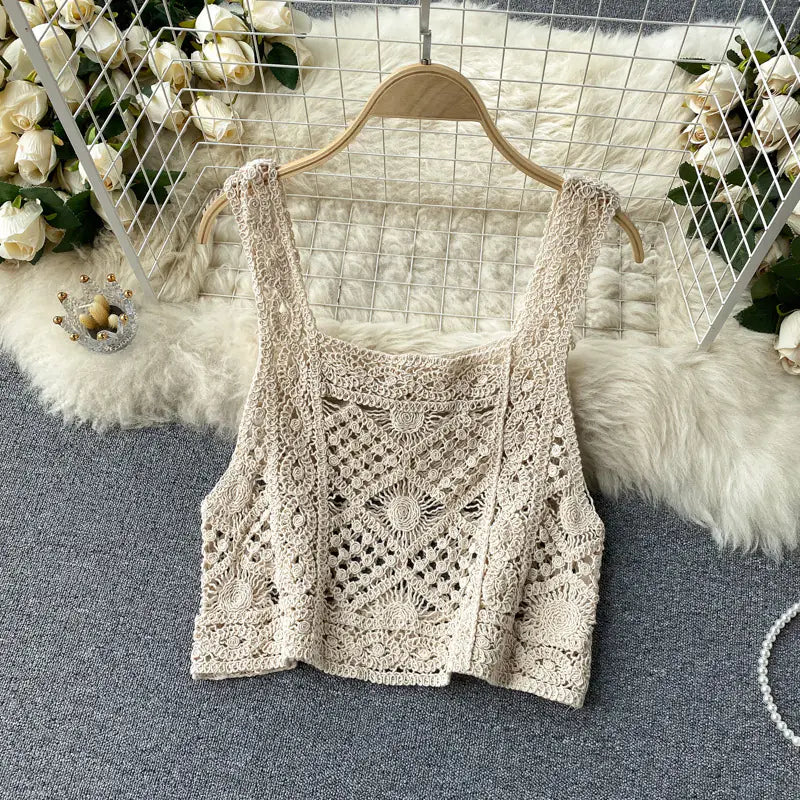 Hollow Lace Wide Leg Knit Pants and Crop Top Set