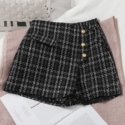Korean High Waist Tweed Wide Leg Plaid Shorts