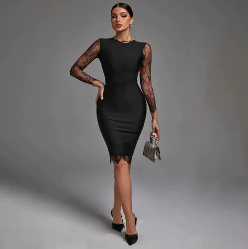 Lace-Panel Bodycon Dress with Long Sleeves and Back Cutout