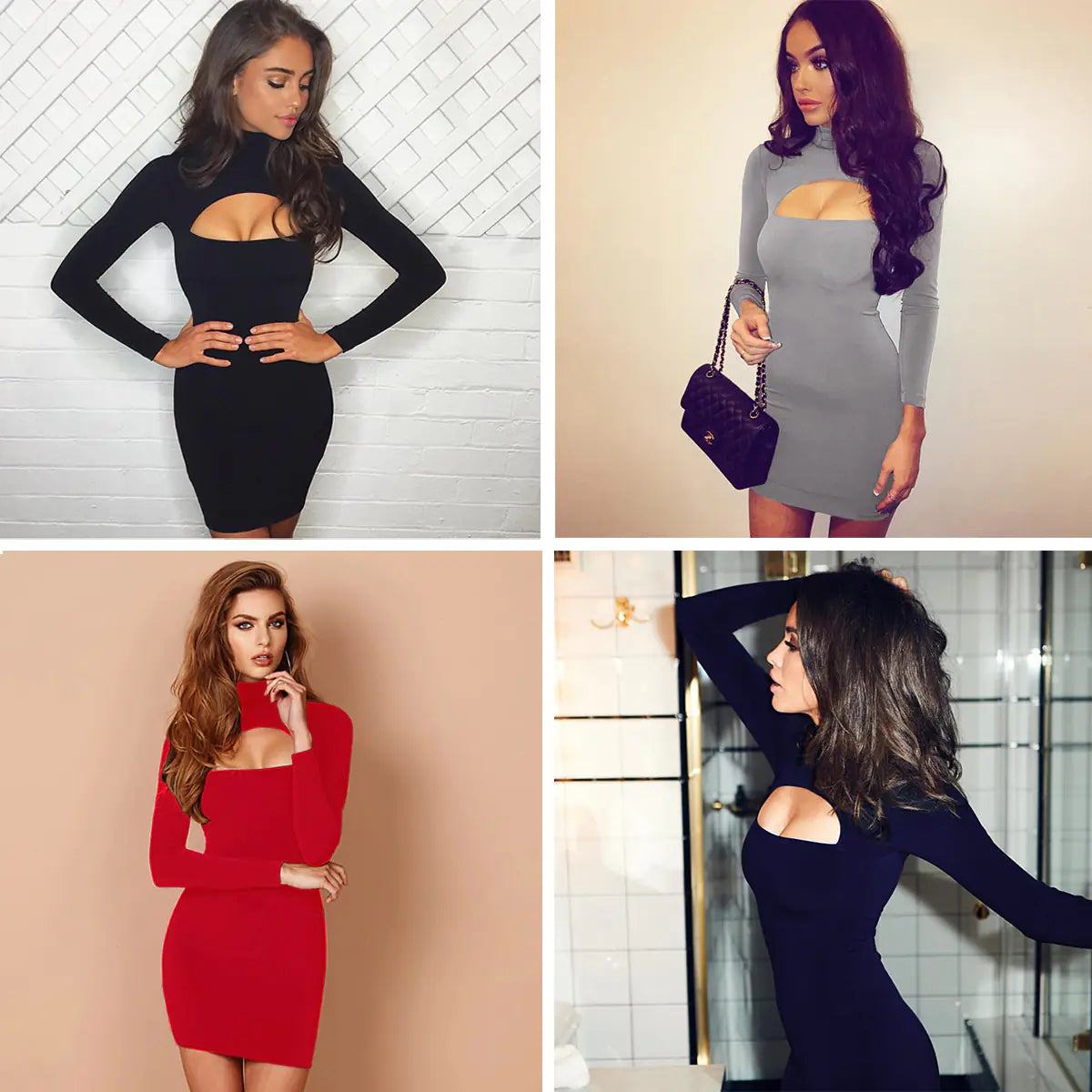 Autumn Winter Sexy Hollow Long Sleeve Bodycon Dress