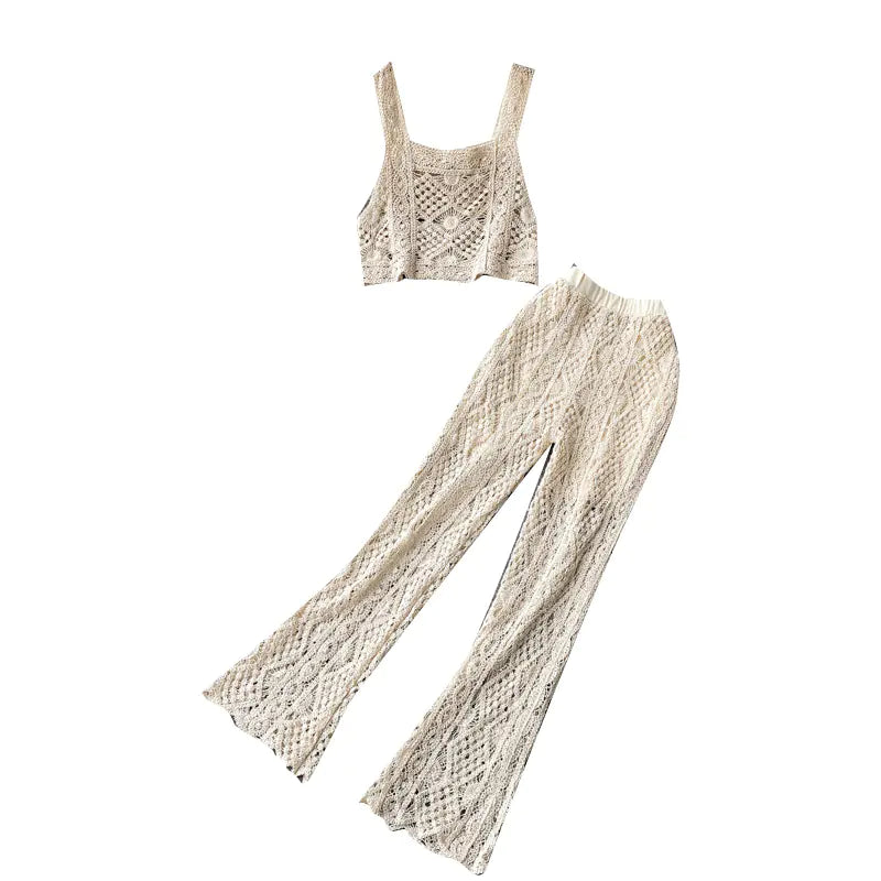 Hollow Lace Wide Leg Knit Pants and Crop Top Set
