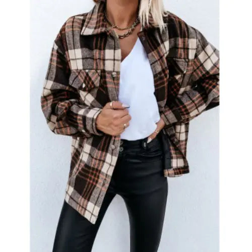 Plaid Long Woolen Coat with Button Lapel for Fall/Winter