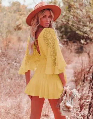 Elegant V-Neck Lace Dress – Sweet Mori Style Women’s Short Sleeve A-Line Dress