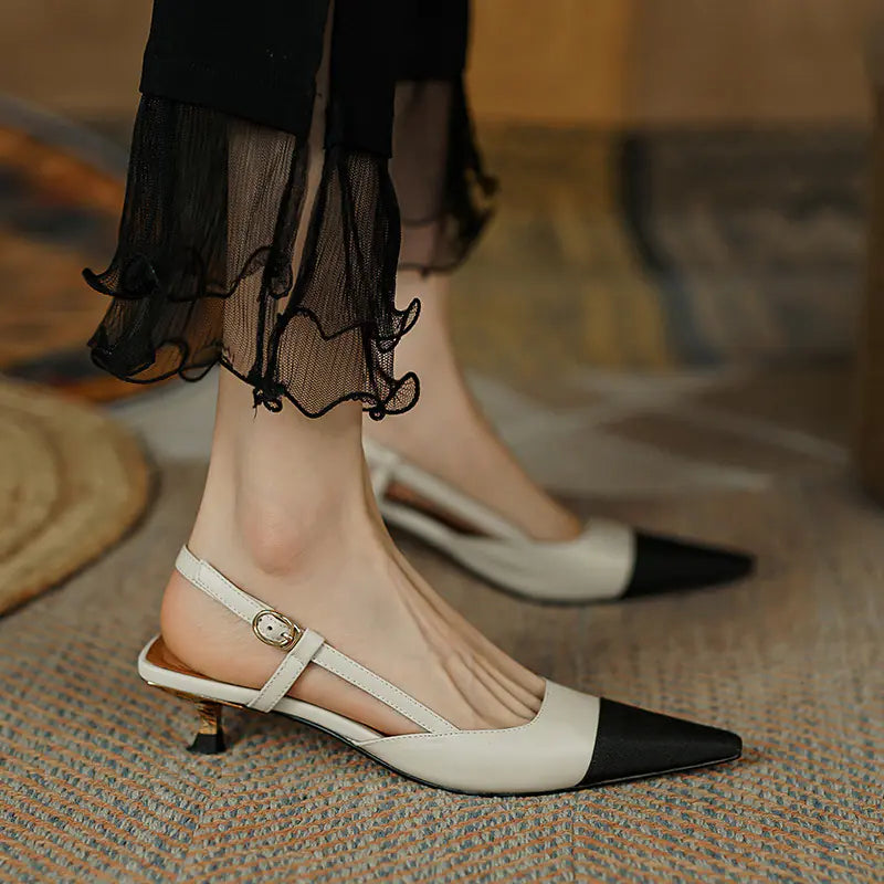 Patchwork Leather Slingback Heels with Pointed Toe